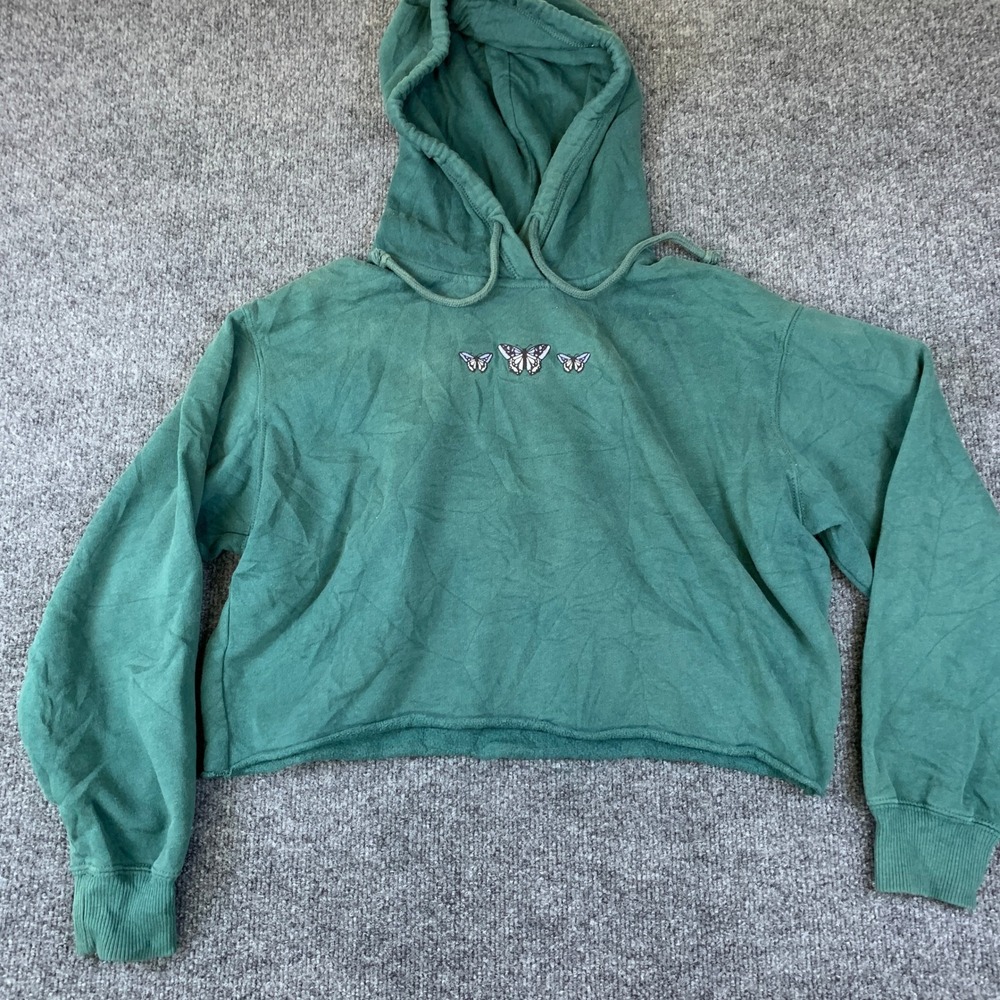 Hollister Butterfly Cropped Hoodie Womens Medium Green Excellent Embroidered